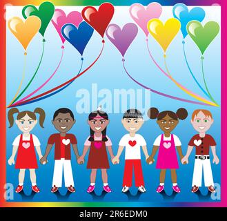 Illustration vectorielle de 10 ballons de coeur avec un arrière-plan coloré et des enfants tenant les mains avec des couleurs d'amour et des coeurs. Illustration de Vecteur