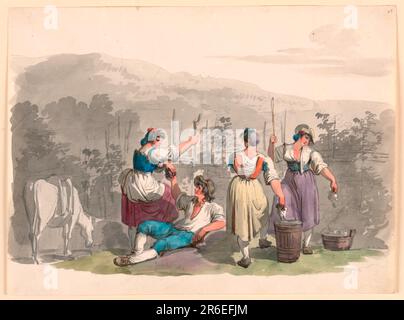 Les deux filles debout, qui sont montrées de l'arrière, plaque 3, loc. Cit., sont montrées dans des poses similaires. Entre eux, un garçon assis reçoit un bouquet de raisins de la fille gauche. Le groupe se termine avec la jeune fille à l'extrême droite de la gravure, dans une posture variée. L'âne est illustré en oblique depuis l'arrière, à gauche. Stylo et encre grise avec aquarelle et craie noire sur papier vélin blanc cassé. Date: 1807-08. Musée : Cooper Hewitt, Smithsonian Design Museum. Banque D'Images