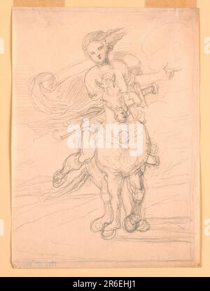 À travers le pays. Vue de l'avant. Ses cheveux soufflent vers la droite, son manteau vers la gauche. Sa main gauche pointe vers la droite, sa droite soutient l'épée placée à travers le cou du cheval. Encadrement de la ligne de graphite, sauf à gauche. Certaines parties du contour sont profondément impressionnées. Graphite sur papier. Date: 1820-1850. Musée : Cooper Hewitt, Smithsonian Design Museum. Banque D'Images