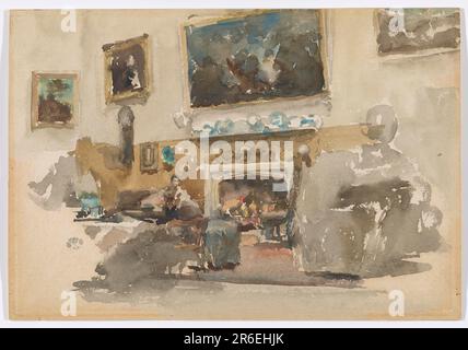 Un intérieur de Moreby Hall dans le Yorkshire; au centre du mur une grande cheminée ouverte avec des peintures au-dessus; à gauche une figure assise; signé avec papillon en bas à gauche. Aquarelle sur papier. Origine: États-Unis. Date: 1882-1884. Musée: Freer Gallery of Art et Arthur M. Sackler Gallery. Banque D'Images