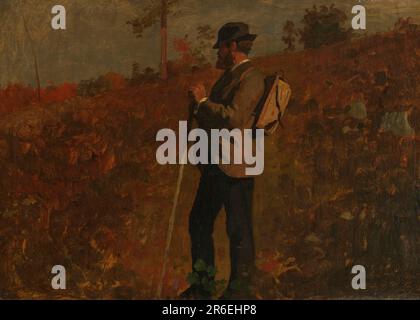 Une figure masculine avec une barbe rouge-brun, un manteau gris, un pantalon sombre et un sac de tricot, se dresse sur une colline. Des arbustes et des arbres entourent la figure. Pinceau et huile sur toile. Date: 10 octobre 1873. Musée : Cooper Hewitt, Smithsonian Design Museum. Banque D'Images