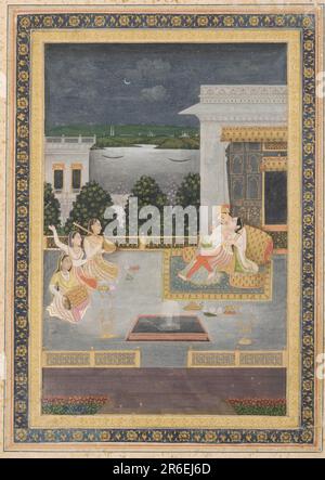 Amoureux sur une terrasse avec trois musiciens. Date: 18th siècle. Origine: Inde. Période: Dynastie Mughal. Couleur et or sur papier. Musée: Freer Gallery of Art et Arthur M. Sackler Gallery. Banque D'Images