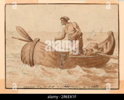 Un homme se tient dans un bateau d'aviron tenant des cordes avec les mains et la bouche. Les voiliers sont affichés en arrière-plan. Légende : 'Manteau de pêche a l'hameçon, a Gaëtte.'. Date: 1800-1825. Stylo et encre chinoise, pinceau et aquarelle marron sur papier, monté. Musée : Cooper Hewitt, Smithsonian Design Museum. Banque D'Images