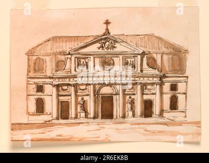 Une variation de 1938-88-1228, conception principale. Les principales différences sont: Hautes fenêtres voûtées et celles carrées sont dans les deux étages des sections latérales. Le grenier est divisé en trois panneaux; les panneaux latéraux montrant des grugeages. À côté et derrière le fronton sont présentés les parties supérieures du mur de la nef de l'abside et du toit. Date: 1796. Stylo et encre brune, pinceau et lavage brun sur papier blanc cassé. Musée : Cooper Hewitt, Smithsonian Design Museum. Banque D'Images