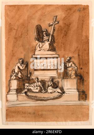 Les étapes ci-dessous sont décrites. Un sockle a la forme générale d'une banque, dans laquelle deux allégories féminins sont assis; en dessous d'eux, un festoon est suspendu à l'avant. Deux autres femmes s'agenouillent, ornant les parties latérales du mur. Vers l'arrière, soulève un socle, avec une bande portant l'inscription autour de la partie principale. Sur le dessus se trouve une variation de 1938-88-1305; le bras gauche supporte une croix. La figure représente peut-être un homme barbu. Date: 1793. Stylo et encre brune, pinceau et lavage brun sur papier laté blanc cassé doublé. Musée : Cooper Hewitt, Smithsonian Design Museum. Banque D'Images