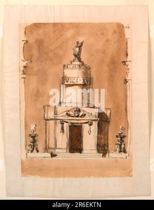 Une variation de 1938-88-1301. Les flammes brûlent dans le candélabre. Une navette est au-dessus de l'encadrement de porte, l'entablature étant sans supports. Le fronton triangulaire a la largeur de l'ensemble de la partie avant en saillie, le plan étant en forme de croix. Un trophée est en lui. Le piédestal a la forme de la partie inférieure d'une colonne, qui est surroutée par une bande avec l'inscription. Au-dessus du bord supérieur se trouvent trois acroténies. Au-dessus de deux étapes se trouve une figure. Date: 1793. Stylo et encre brune, pinceau et lavage brun sur papier laté blanc cassé doublé. Musée : Cooper Hewitt, Smithsonian Design Museum. Banque D'Images