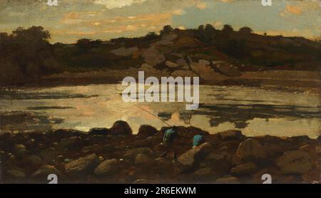 Vue sur une crique rocheuse, avec un ciel bleu pâle et des nuages de crème rosâtre reflétés dans l'eau. Parmi les rochers de premier plan, deux petites figures de pêcheurs vêtus de casquettes et de manteaux bleus sont visibles, l'une tenant une tige et l'autre un filet. Date: 1869. Peinture à l'huile et au pinceau sur panneau en acajou. Musée : Cooper Hewitt, Smithsonian Design Museum. Banque D'Images