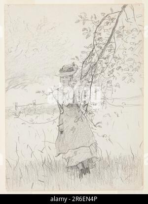 Vue d'une jeune femme vêtue d'une robe chasuble et d'un chapeau au centre, accrochée à la branche d'un pommier. Elle regarde à gauche et sa figure est dans l'ombre. En arrière-plan, une clôture et une partie d'un arbre sont visibles. Date: 1879. Graphite sur papier vélin blanc cassé épais. Musée : Cooper Hewitt, Smithsonian Design Museum. Banque D'Images