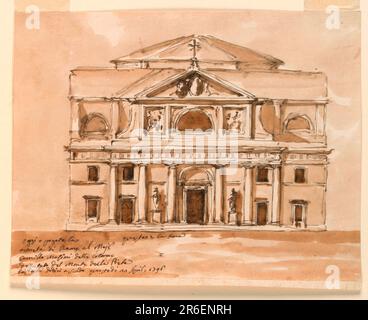 Une variation de 1938-88-1229. Les principales différences sont: Le mur à côté du grenier du fronton est le mur droit de recul de la nef avec des fenêtres semi-circulaires dans les sections latérales. Un dôme similaire à 1938-88-1220 s'élève au-dessus du toit. Date: 1796. Stylo et encre brune, pinceau et lavage brun (bistre) sur papier coulé blanc cassé doublé. Musée : Cooper Hewitt, Smithsonian Design Museum. Banque D'Images