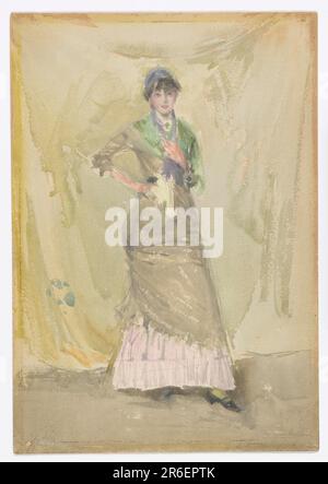 Figure debout d'une femme, avec un bras akimbo, posée devant un rideau jaune; signée avec le papillon à gauche. Date: 1883-1884. Origine: États-Unis. Aquarelle sur craie sur papier. Musée: Freer Gallery of Art et Arthur M. Sackler Gallery. Banque D'Images