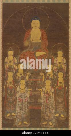 Bouddha et huit disciples. Le Bouddha est assis sur un trône de lotus en altitude, dans l'attitude de l'enseignement. Son trône repose sur un alter décoré dans le motif de lotus, et avant cela et à ses côtés sont huit Bodhisattvas, les 'êtres de l'Enlighantes', dépeints dans la beauté et brillamment gardés. Chacun, comme le Bouddha lui-même, a un nimbus. Les Bodhisattvas sont debout, par groupes de quatre. Soie un brun foncé profond, considérablement usé et montrant quelques fissures. Vestiges de marques de joint en bas à gauche, illisibles. Origine: Corée. Encre, couleur et or sur soie. Date: Mi-fin du siècle 14th. Période: Goryeo tardif pe Banque D'Images