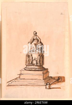 Illustration oblique à partir du coin avant gauche. Trois étapes mènent à une base carrée de deux sections. Un point de vue circulaire se tient dessus. Elle est formée comme une partie inférieure d'une colonne cannelée et est entourée d'une bande avec un relief représentant un sacrifice. Sur le dessus est une femme, semblable à celle de 1938-88-1274, assis sur un lion accroupi. La main gauche repose sur sa tête. Les pièces de pierre qui sont reliées par une barre sont illustrées devant le côté droit. Arrière-plan légèrement coloré. Date : env. 1795. Stylo et encre brune, pinceau et lavage brun, graphite sur papier blanc cassé doublé. Musée : Cooper Hewitt, S. Banque D'Images