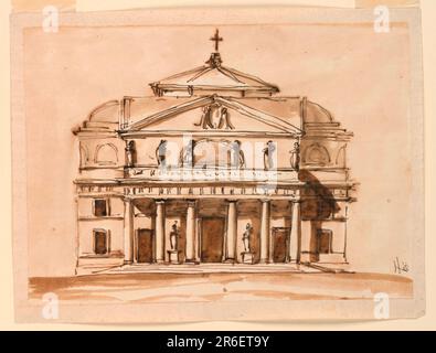 Une variation de 1938-88-1235. Les principales différences sont les suivantes : les colonnes forment une colonnade projetée. Au-dessus de son entablature est un dado sur lequel six statues se tiennent devant un grenier avec une fenêtre semi-circulaire. Au-dessus, il y a un fronton triangulaire, derrière lequel un toit voûté est montré. Les murs et les toits de deux apses sont illustrés au-dessus des sections latérales. Un dôme octogonal bas s'élève au centre. Date: 1796. Stylo et encre brune, pinceau et lavage brun (bistre) sur papier coulé blanc cassé doublé. Musée : Cooper Hewitt, Smithsonian Design Museum. Banque D'Images