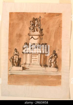 Ci-dessous se trouvent les marches, qui dans la moitié supérieure sont flanquées par les bases de deux groupes, soit la prise en compte d'une femme debout, penchée de sa main droite sur les fasces, et un putto à côté d'elle. Le piédestal est haut et élaboré. Sa partie inférieure est dotée d'un panneau avec inscription dans la partie principale de la partie la plus centrale en saillie. Au-dessus de l'entablature se trouvent des blocs rectangulaires, sur lesquels s'assoient à l'avant deux putti, portant respectivement l'onglet et crozier, sur les côtés d'un puto. Derrière elles se dresse un piédestal rond avec des festons, en haut une variation de 1938-88-1396. Date: 1793. Stylo et encre brune, brosse et lavage brun Banque D'Images