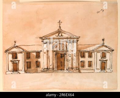 La porte a une fenêtre comme porte d'entrée et est flanquée de paires de pilastres. Fronton triangulaire avec écusson, surmonté d'une croix. Statues latérales, variations des statues similaires en -1139. Date: 1784. Stylo et encre brune, brosse et lavage brun, encre rouge sur papier blanc cassé doublé. Musée : Cooper Hewitt, Smithsonian Design Museum. Banque D'Images