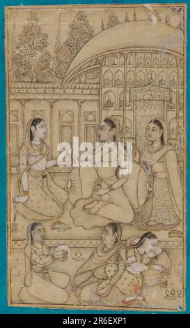 Une dame et un personnel assis dans une cour. Date : début du 18th siècle. Origine: Bikaner, Etat du Rajasthan, Inde. Encre, couleur légère et or sur papier. Musée: Freer Gallery of Art et Arthur M. Sackler Gallery. Banque D'Images