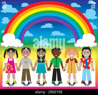 Illustration Vecteur de 6 enfants heureux sous un arc-en-ciel avec un fond coloré et un lieu pour le texte ou les images. Illustration de Vecteur