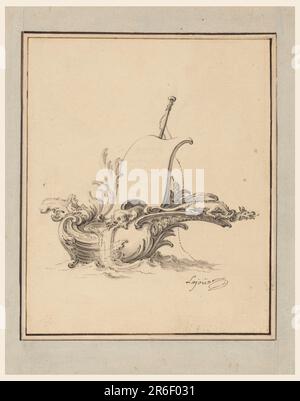 Un dragon et un autre animal fantastique sont sur le bateau. L'écriture est indiquée dans l'escutcheon. Date: 1734. Stylo et pinceau et encre noire, lavage, graphite sur papier crème. Musée : Cooper Hewitt, Smithsonian Design Museum. Banque D'Images
