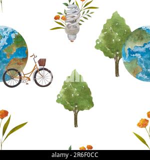 Motif sans couture avec inscription feuilles, planète, vélo et arbres sur un thème zéro déchet sur fond blanc. Parfait pour les brochures, les promotions Banque D'Images