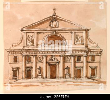 Une variation de 1938-88-1236. Les principales différences sont l'omission de la troisième section latérale la plus reculée et l'élargissement de la section centrale. Six colonnes sont illustrées, encadrant les trois portes. Les fenêtres sont dans les sections latérales. Date: 1796. Stylo et encre brune, pinceau et lavage brun sur papier laté blanc cassé doublé. Musée : Cooper Hewitt, Smithsonian Design Museum. Banque D'Images