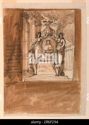 Deux femmes debout, dont la gauche représente les mathématiques. La droite, peinture, supporte un portrait ovoïde de demi-longueur d'un cardinal devant une colonne. Une colombe portant une branche d'olive se trouve au-dessus de la colonne. Une inscription est destinée à son piédestal oblong. Le réglage indique l'intérieur d'un hall. La conception est placée dans la partie supérieure droite de la feuille, sa partie gauche étant tracée sur une partie d'une esquisse montrant l'architecture tenant le portrait dans son bras gauche. Arrière-plan coloré. Stylo et encre brune, pinceau et lavage brun sur papier blanc cassé, doublé. Date: 17 octobre Banque D'Images
