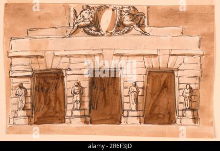 Trois portes en forme de pylône avec cadres rustiques. Les captifs se tiennent devant les panneaux muraux. Deux hommes assis soutiennent un haut en forme d'escutcheon, incomplètement illustré. Arrière-plan coloré. Stylo et encre brune, pinceau et lavage brun sur papier blanc cassé, doublé. Date: 1780-1790. Musée : Cooper Hewitt, Smithsonian Design Museum. Banque D'Images