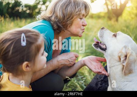 La grand-mère aux cheveux gris et la petite petite-fille mignonne marchent leurs chiens ensemble dans le parc. Femme âgée belle accidents vasculaires cérébraux Labrador doré et Banque D'Images