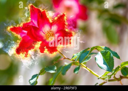 Image numériquement améliorée d'un groupe de fleurs de rose rouge avec centre jaune. Cocktail Meimick grimpeur rose Banque D'Images