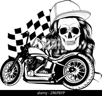 Illustration monochromatique vectorielle d'une moto personnalisée avec crâne femme et drapeau de course Illustration de Vecteur