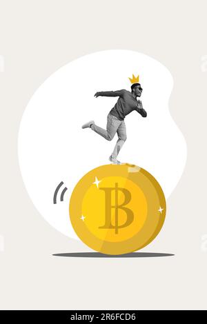 Maquette modèle collage de cool funky Guy crypto monnaie roi isolé peinture beige couleur arrière-plan Banque D'Images