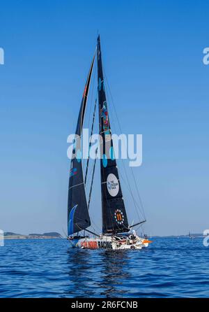 Port d'Aarhus, Aarhus, Danemark. 08th juin 2023. Classe IMOCA. Pendant la course à l'océan : la LEG 6 part d'Aarhus à la Haye via Kiel. Dans le port d'Aarhus, Aarhus, Danemark. Kim Price/CSM/Alamy Live News Banque D'Images