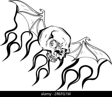 illustration d'un crâne monochrome avec une aile de chauve-souris sur les flammes Illustration de Vecteur