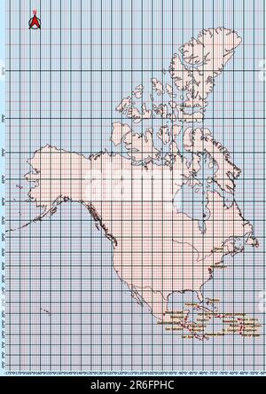Amérique du Nord carte Coordonnées géographiques latitude et longitude langue allemande Banque D'Images