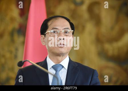 Prague, République tchèque. 09th juin 2023. Le ministre des Affaires étrangères du Vietnam, Bui Thanh son, s'adresse aux médias lors d'une conférence de presse conjointe avec son homologue tchèque à Prague. Le ministre vietnamien des Affaires étrangères, Bui Thanh son, s'est rendu en République tchèque et a rencontré le ministre tchèque des Affaires étrangères, Jan Lipavsky. Crédit : SOPA Images Limited/Alamy Live News Banque D'Images