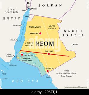 Régions et lieux de NEOM, carte politique. Ville intelligente planifiée dans la province de Tabuk, Arabie Saoudite avec plusieurs régions. Banque D'Images