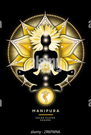 Méditation chakra du plexus solaire dans la posture du Lotus de yoga, devant le symbole du chakra de Manipura. Décor paisible pour la méditation et la guérison énergétique du chakra. Banque D'Images