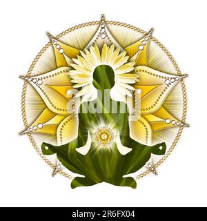 Méditation chakra du plexus solaire dans la posture du Lotus de yoga, devant le symbole du chakra de Manipura. Décor paisible pour la méditation et la guérison énergétique du chakra. Banque D'Images