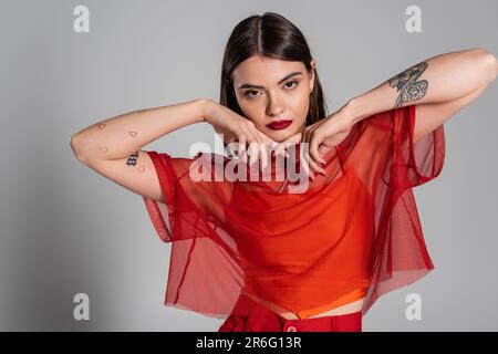 génération z, portrait de la jeune femme tatouée et brunette avec cheveux courts et perçage du nez posant dans un chemisier transparent sur fond gris, moderne Banque D'Images