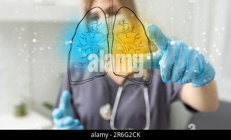 Santé et médecine, Covid-19, médecin tenant et diagnostiquant des poumons humains virtuels avec coronavirus se propagé à l'intérieur sur l'écran d'interface moderne sur Banque D'Images
