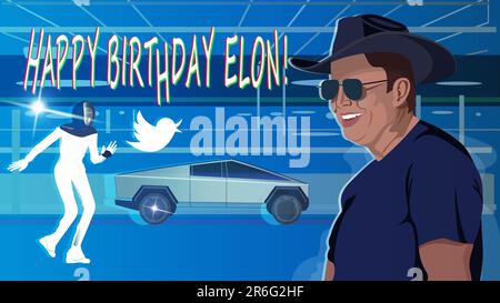 Joyeux anniversaire Elon. Elon Musk portrait, Tesla Bot, logo Twitter, Tesla CyberTruck. Banque D'Images