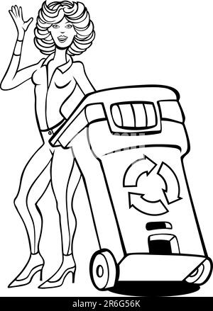 Caricature d'une jeune femme avec une poubelle de recyclage. Illustration de Vecteur