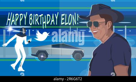 Joyeux anniversaire Elon. Elon Musk portrait, Tesla Bot, logo Twitter, Tesla CyberTruck. Banque D'Images