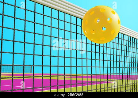 Un ballon de sport pour le pickleball vole dans le filet sur le terrain. 3D rendu Banque D'Images