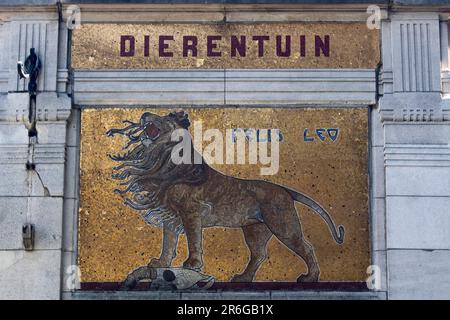 Mosaïque d'un lion sur la porte d'entrée du zoo d'Anvers, Belgique Banque D'Images