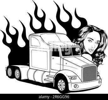 Semi-camion monochrome avec visage de femme et illustration vectorielle de flammes sur fond blanc Illustration de Vecteur