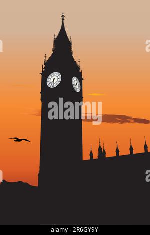 Vector silhoute de Big Ben au coucher du soleil, l'un des plus populaires monument à Londres Illustration de Vecteur