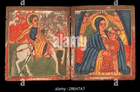 Deux tableaux, distemper sur gesso sur bois. Le panneau de gauche représente un saint sur un cheval blanc sur un fond rouge et vert. Le panneau droit représente Marie dans une robe bleue tenant l'enfant Christ dans une robe rouge, flanquée d'anges avec des ailes bleues. Les anges tiennent de petits disques. Il y a perte de peinture dans la zone de la tête du cheval. Des fragments de distemper vert et rouge sur gesso restent sur l'extérieur des panneaux. Date : fin 16th-début 17th siècle. Fabricant: Orthodoxe éthiopien. Distemper et gesso sur bois. Musée: Musée national d'Art Africain Banque D'Images