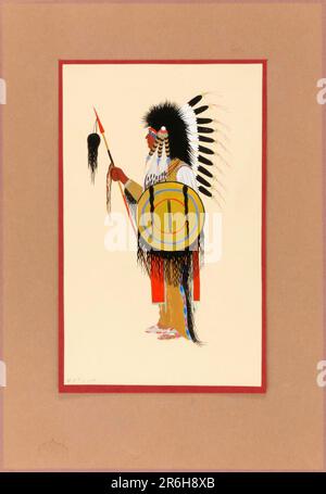 Cheyenne Warrior dans le Headdress de plumes avec bouclier. Gouache sur papier. Date : env. 1915-1937. Musée: Smithsonian American Art Museum. Banque D'Images