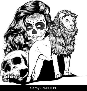 lion monochrome avec crâne humain et maquillage de la tête de femme Illustration de Vecteur