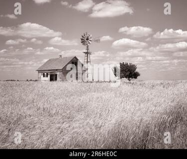 1970S FERME ABANDONNÉE ET MOULIN À VENT SUR LES PRAIRIES AU MILIEU DU CHAMP DE BLÉ KANSAS USA - R21796 HAR001 HARS RÉSIDENCE CONCEPTUELLE D'ÉVASION SYMBOLIQUE CONCEPTS DE VENT ÉCHEC AU MILIEU DU MOULIN NOIR ET BLANC DÉSERTÉ DESOLATE HAR001 REPRÉSENTATION DÉMODÉE INHABITÉE Banque D'Images